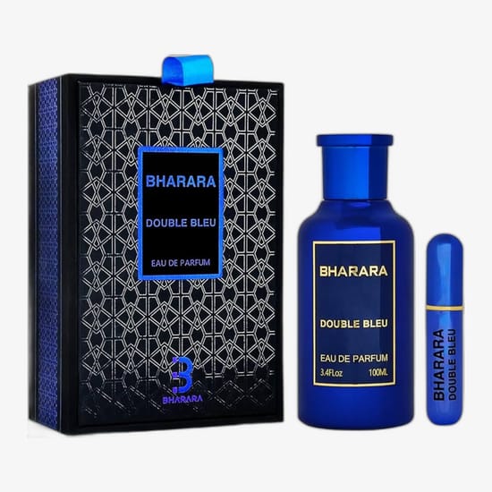 Stylish packaging of Bharara Double Bleu EDP perfume Chic close-up of Bharara Double Bleu EDP bottle