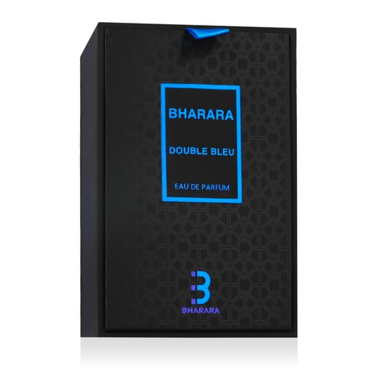Stylish packaging of Bharara Double Bleu EDP perfume Chic close-up of Bharara Double Bleu EDP bottle