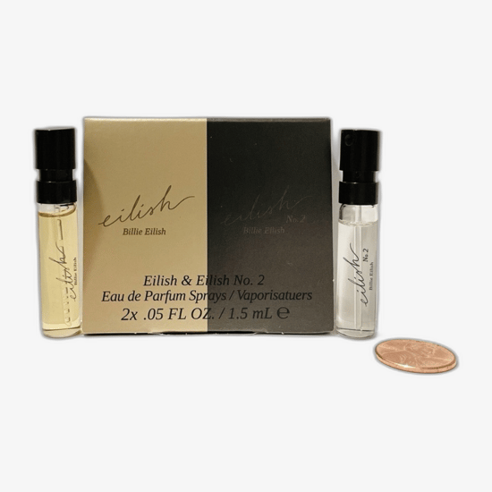 Billie Eilish Eilish EDP näidispudeli lähedalt Billie Eilish Eilish EDP sprei näidis elegantsetes pakendites