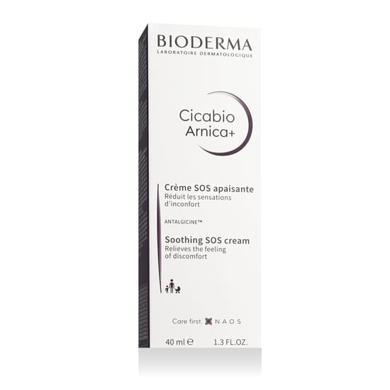 Close-up of Bioderma Cicabio Arnica+ Soothing SOS Cream tube, Lightweight soothing skin cream application, Packaging of Bioderma Cicabio Arnica+ SOS Cream