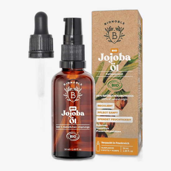 Bottle of Bionoble organic jojoba oil for skincare