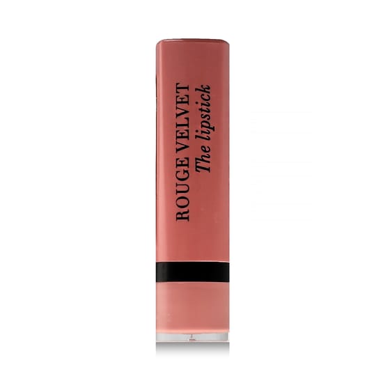 Помада Bourjois Paris Rouge Velvet оттенка 47 Rose Brulé на фоне светлой поверхности