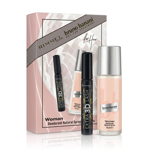 Bruno Banani Woman DEO glass bottle with Rimmel Extra 3D mascara in black next to each other