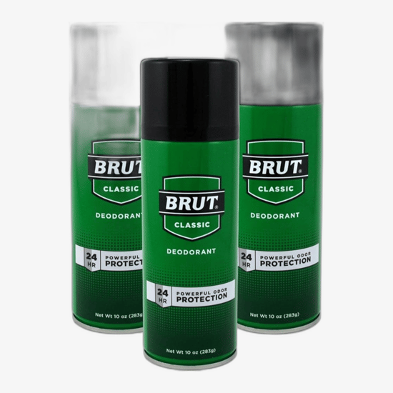 Brut Classic Deodorant VAPO bottle close-up showing minimalist, modern design