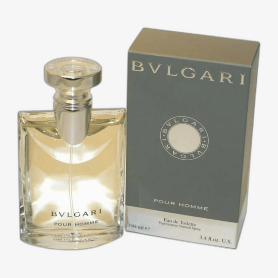 Close-up of Bvlgari Pour Homme EDP bottle with subtle reflection