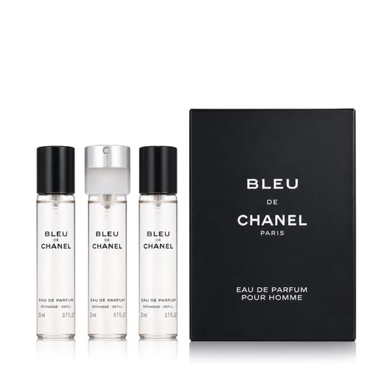 Chanel Bleu de Chanel EDP koos pihustiga ja täitepakenditega Elegantne Chanel Bleu de Chanel EDP lõhnakomplekti pakend