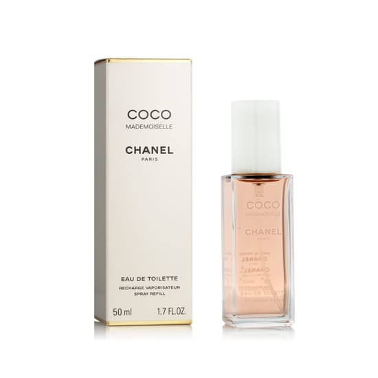 Original Chanel Coco Mademoiselle EDT packaging Close-up of Chanel Coco Mademoiselle EDT bottle