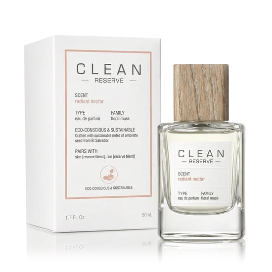 Original packaging of Clean Reserve Radiant Nectar EDP Close-up of Clean Reserve Radiant Nectar EDP bottle