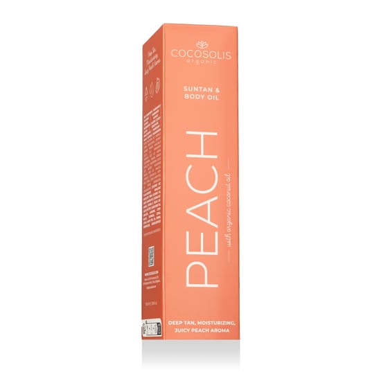 COCOSOLIS PEACH Sutan & Body Oil esteetiline pakend COCOSOLIS PEACH Sutan & Body Oil pudel valguses, esile tõstetud lõhnaga