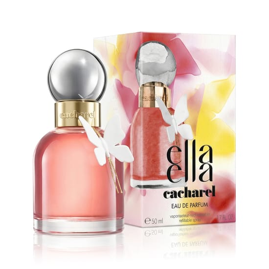 Original Cacharel Ella Ella EDP perfume packaging Close-up image of the Cacharel Ella Ella EDP fragrance bottle