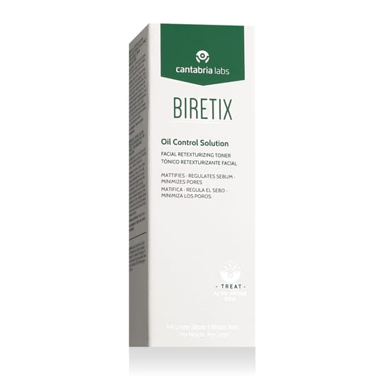 Biretix Oil Control Solution detailid matistava toime rõhutamiseks Biretix Oil Control Solution pudel neutraalsel taustal, matistav losjoon rasusele nahale