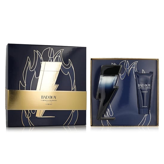 Close-up of Carolina Herrera Bad Boy Cobalt perfume bottle