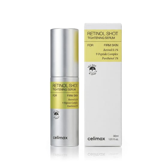 Упаковка сыворотки Celimax Retinol Shot для упругой кожи Крупный план бутылки сыворотки Celimax Retinol Shot для упругой кожи