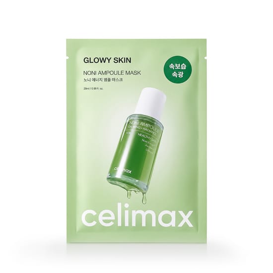 Close-up of celimax glowy skin noni ampoule mask packaging