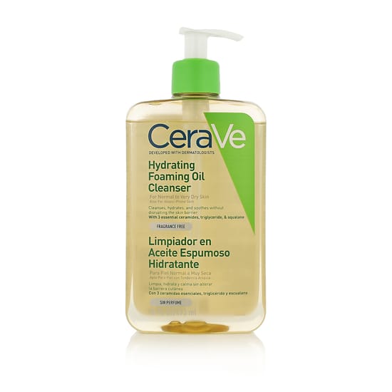 Close-up of CeraVe Hydrating Foaming Oil Cleanser Bottle