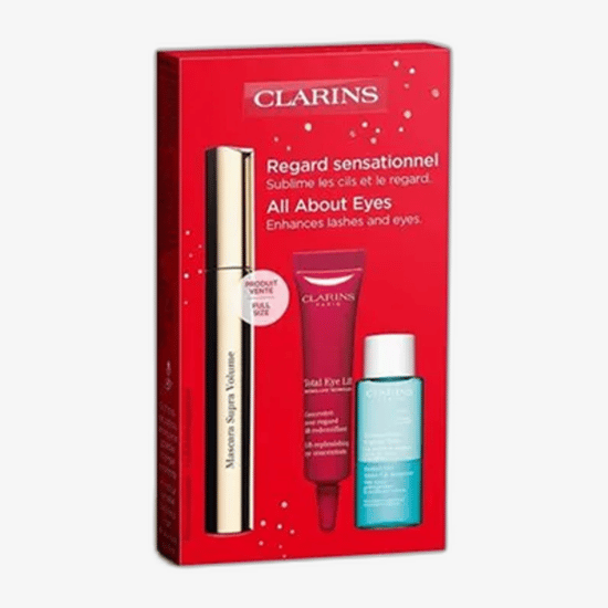 Clarins All About Eyes Set contents and packaging Clarins All About Eyes Set featuring essential products for eye care