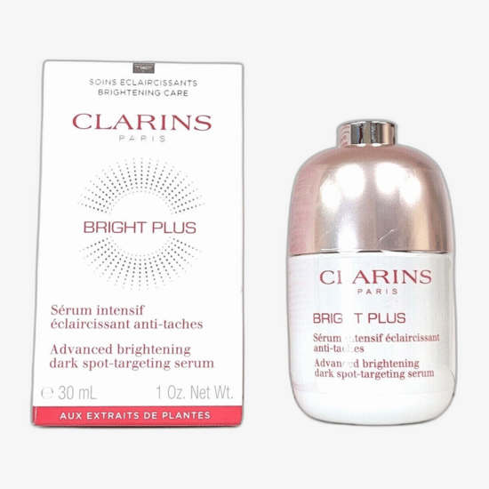 Clarins bright plus edasijõudnud pleegitav seerumi pudeli lähivõte