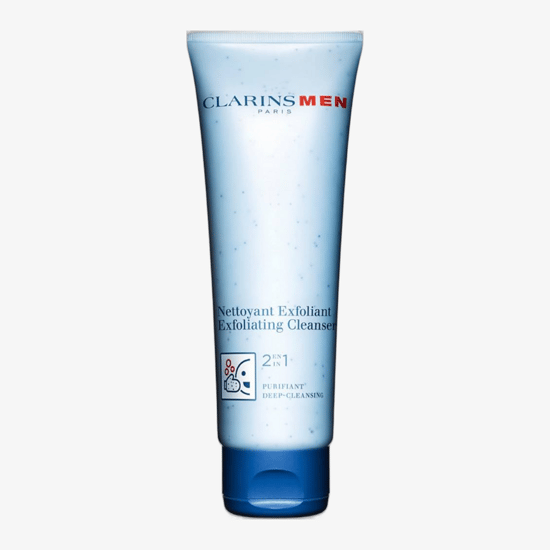 Clarins Men kooriva puhastusvahendi originaalpakend Clarins Men kooriva puhastusvahendi toru lähivõte