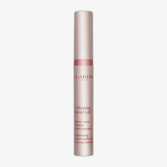 Close-up of clarins shaping facial lift eye serum bottle