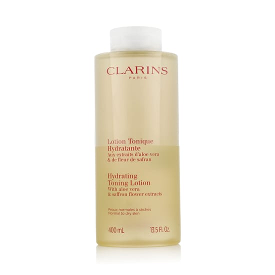 Bottle of clarins hydrating toning lotion with aloe vera & saffron flower