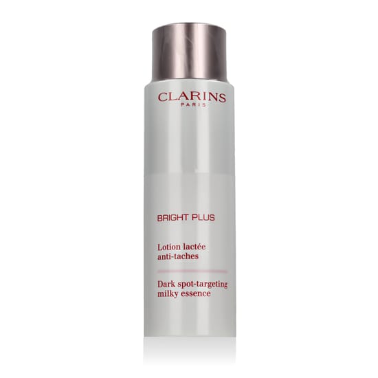 Close-up of Clarins Bright Plus Dark Spot-Targeting Milky Essence bottle