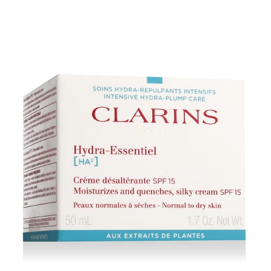 Clarins Hydra-Essentiel Silky Cream SPF in original packaging Close-up texture of Clarins Hydra-Essentiel Silky Cream SPF for the face
