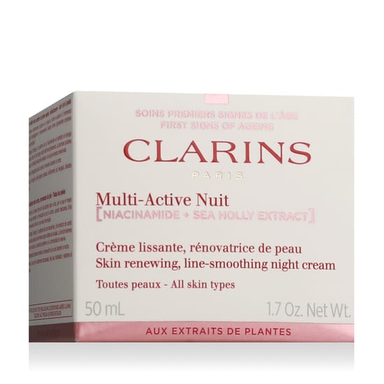 Упаковка ночного крема Clarins Multi-Active для всех типов кожи Баночка ночного крема Clarins Multi-Active с элегантным дизайном