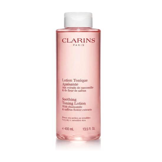 Bottle of clarins soothing toning lotion camomile & saffron flower