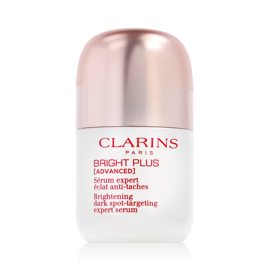 Clarins Bright Plus Advanced Dark Spot-targeting Serum bottle close-up showcasing lightweight texture