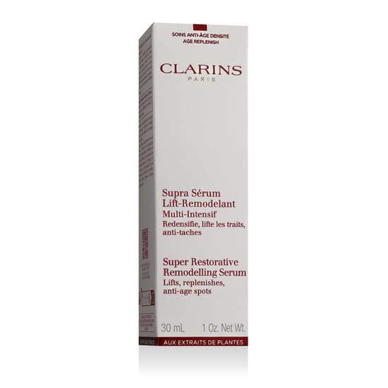 Крупный план флакона Clarins Supra Restorative Remodeling Serum на светлом фоне