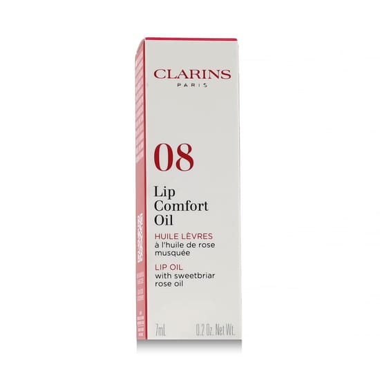Bottle of moisturizing Clarins Lip Oil (08 Strawberry)