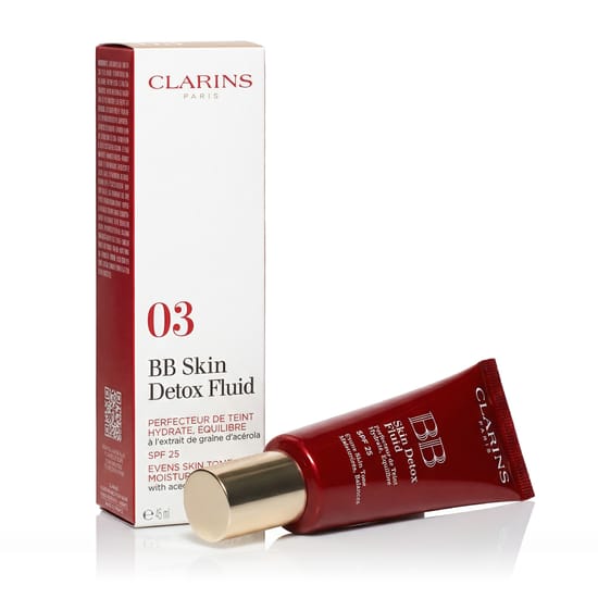 Close-up of Clarins BB Skin Detox Fluid (03 Dark) packaging