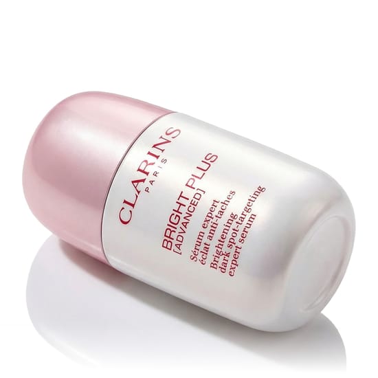 Clarins Bright Plus Advanced Dark Spot-targeting Serum bottle close-up showcasing lightweight texture