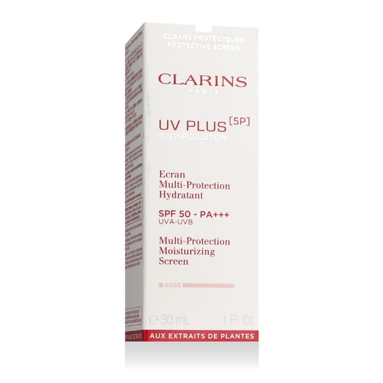 Упаковка увлажняющего экрана Clarins UV PLUS SPF 50 Флакон увлажняющего экрана Clarins UV PLUS Anti-Pollution (Rose) SPF 50