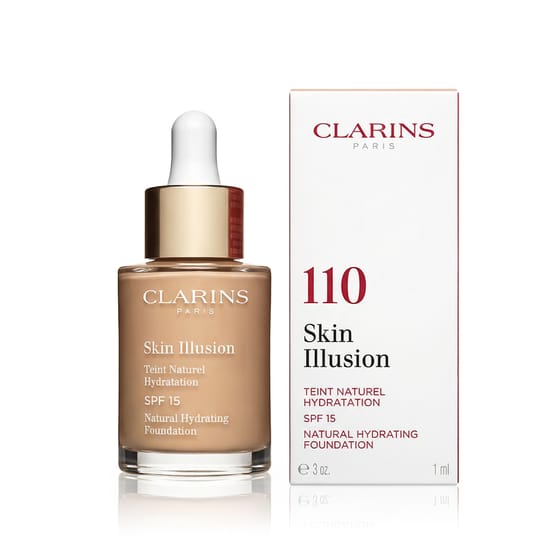 Close-up of clarins skin illusion natural hydrating foundation bottle