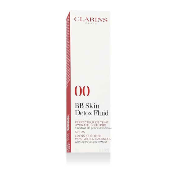 Clarins BB Skin Detox Fluid SPF 25 (00 Fair) original packaging Clarins BB Skin Detox Fluid SPF 25 (00 Fair) bottle – lightweight BB cream for even skin tone