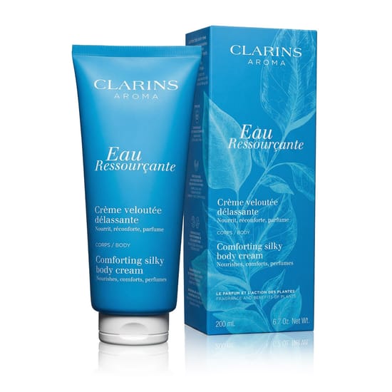 Крупный план упаковки Clarins Eau Ressourcante Comforting Silky Body Cream
