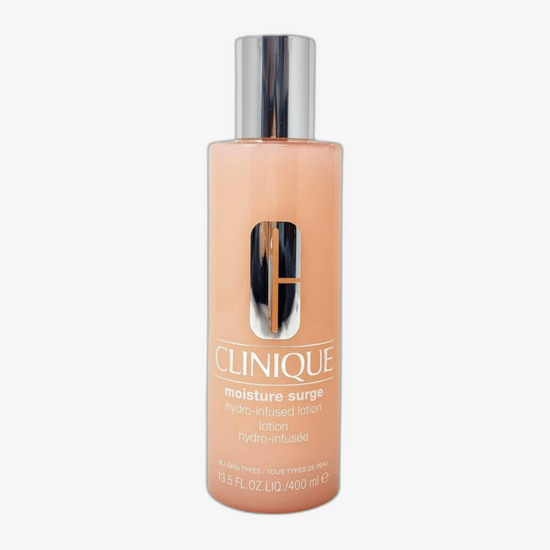 Close-up shot of Clinique Moisture Surge Hydro-Infused Lotion bottle