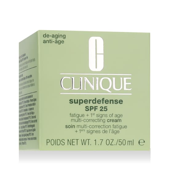 Packaging of Clinique Superdefense skincare cream Close-up of Clinique Superdefense cream for fatigue correction
