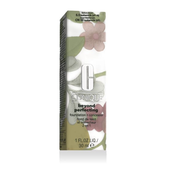 Close-up of clinique beyond perfecting foundation + concealer in shade 32 buttermilk vf-n