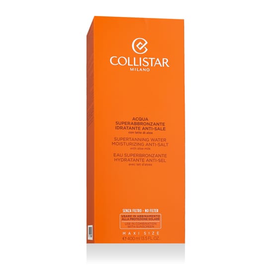 Collistar Supertanning Water With Aloe Milk bottle, refreshing tanning water for hydrated skin, unisex summer skin care