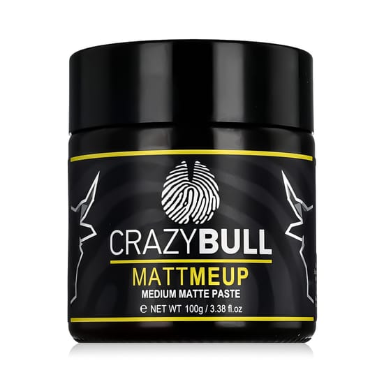Original CrazyBull Matt Meup Medium Matte Paste container Close-up of CrazyBull Matt Meup Medium Matte Paste packaging