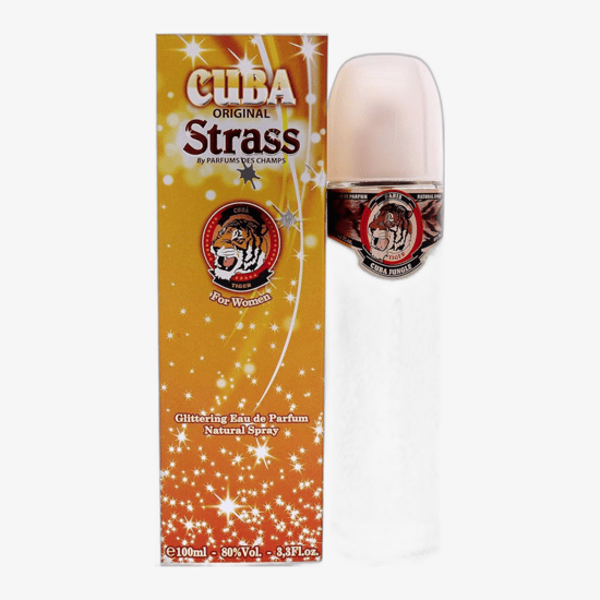 Close-up image of the Cuba Strass Tiger EDP bottle