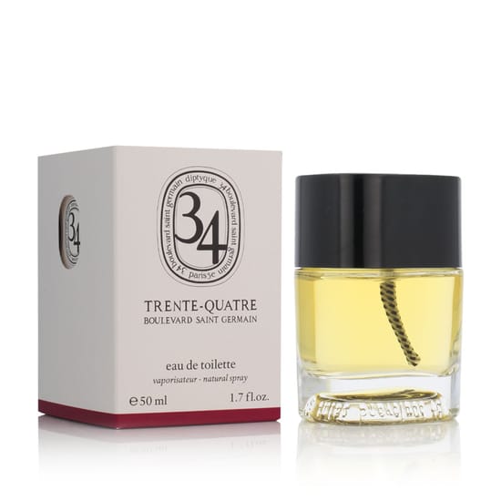 Close-up of Diptyque 34 Boulevard Saint Germain EDT bottle