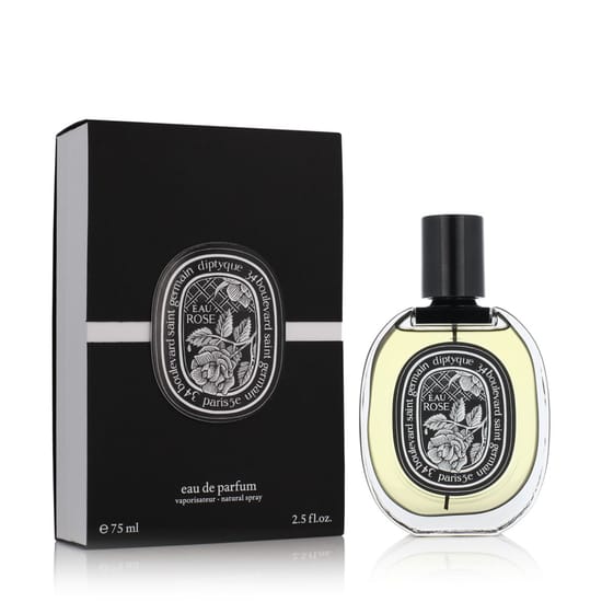 Close-up of Diptyque Eau Rose EDP bottle