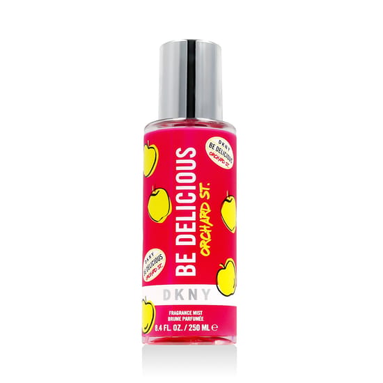 Фотография бутылки DKNY Be Delicious Orchard St. Bodyspray крупным планом, минималистичный фон