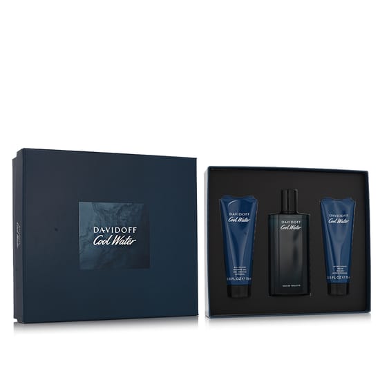 Davidoff Cool Water for Men fragrance set including EDT, aftershave balm, and shower gel