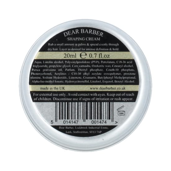 Dear Barber Shaping Cream pudeli lähedalt detailvaade