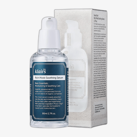 Close-up of Dear, Klairs Rich Moist Soothing Serum bottle