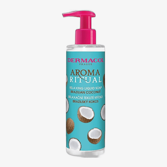 Упаковка жидкого мыла Dermacol Aroma Ritual с бразильским кокосом Флакон жидкого мыла Dermacol Aroma Ritual с бразильским кокосом